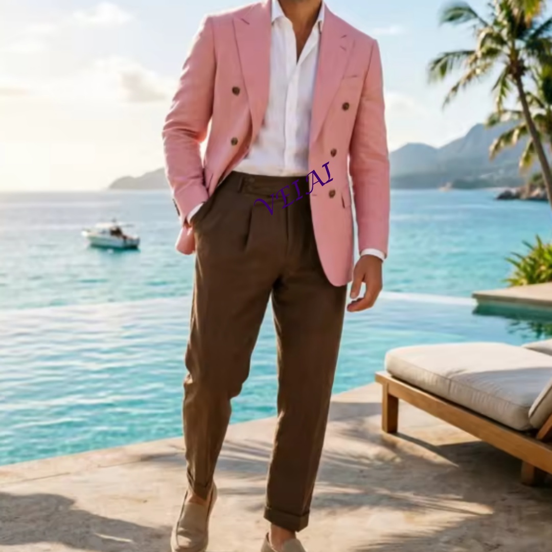 Men'S Formal Wear Attire - Traje de Lino Beige de Dos